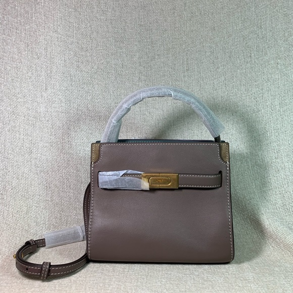 NEW Tory Burch Lee Radziwill Petite Double Clam Shell Taupe Leather Shoulder Bag - Picture 2 of 15